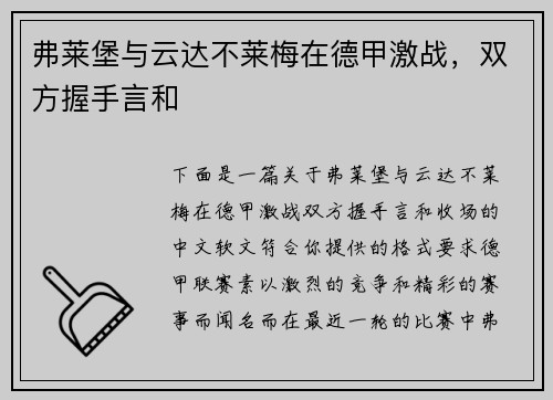 弗莱堡与云达不莱梅在德甲激战，双方握手言和